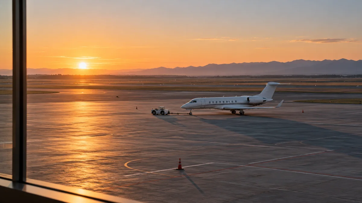 Illustrative business jet and tug on a quiet airport apron at dawn