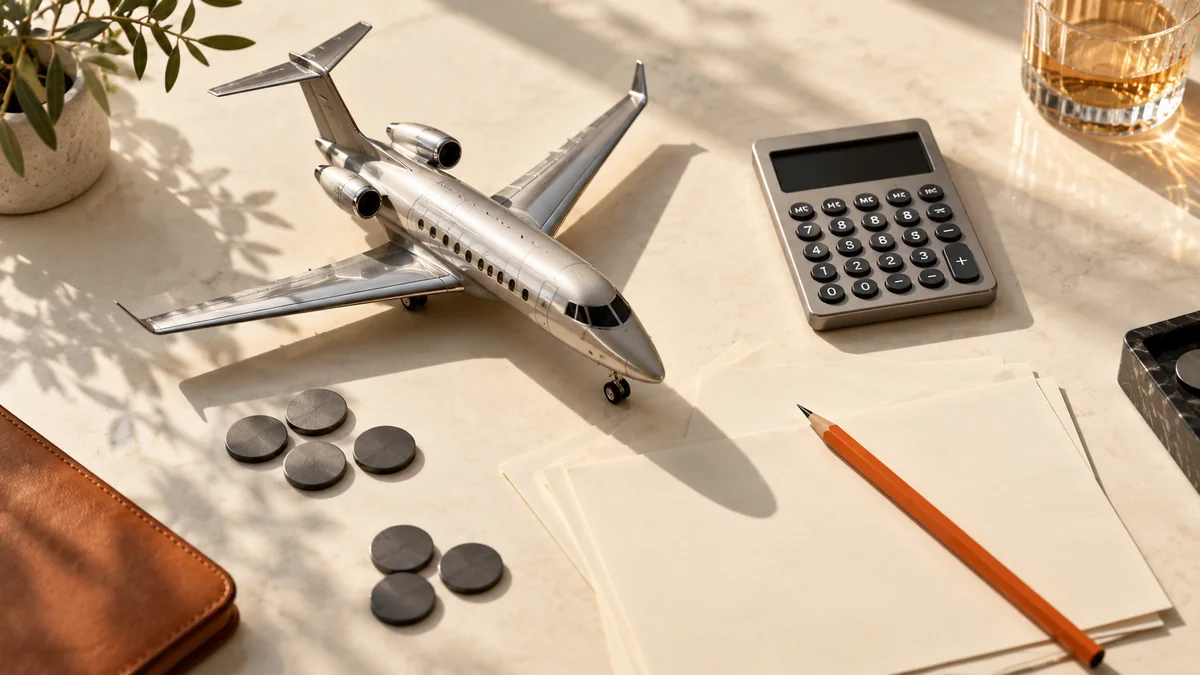 Illustrative model jet, calculator and blank itinerary papers on a tabletop